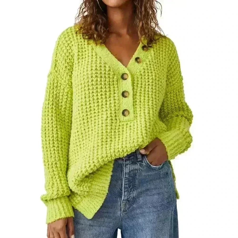 Free People Whistle Thermal Henley Sweater - Acid Lime Green - Size XS - Picture 1 of 7